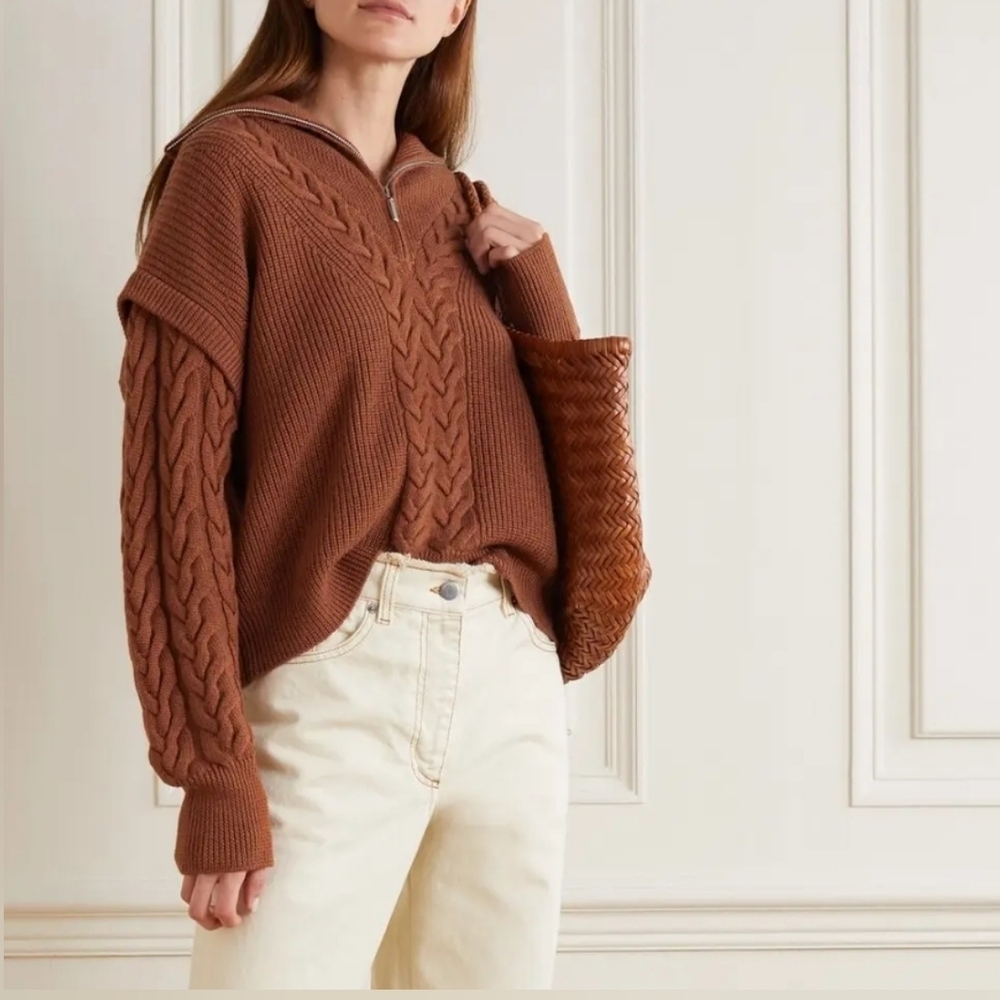 La Ligne Cable Knit 100% Merino Wool Quarter Zip Sweater Small Quiet Luxury